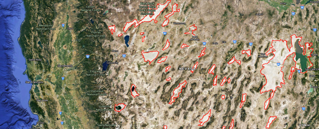 The Great Basin USA with red outlines showing where water once was