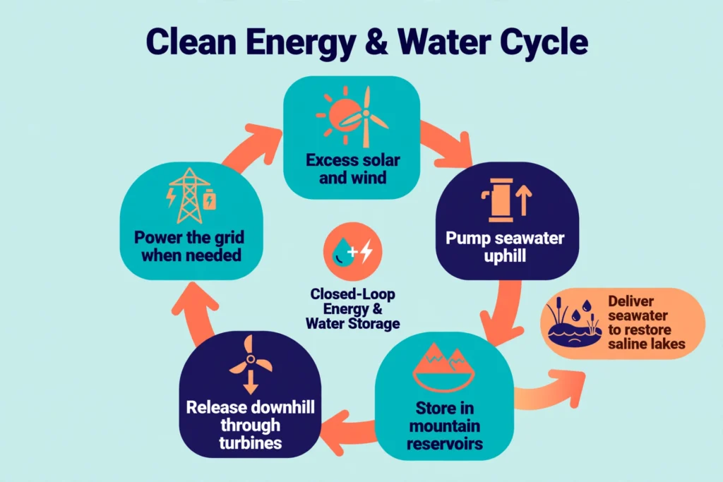 Cycle diagram: clean energy and water cycle showing pumping, storage, and discharge