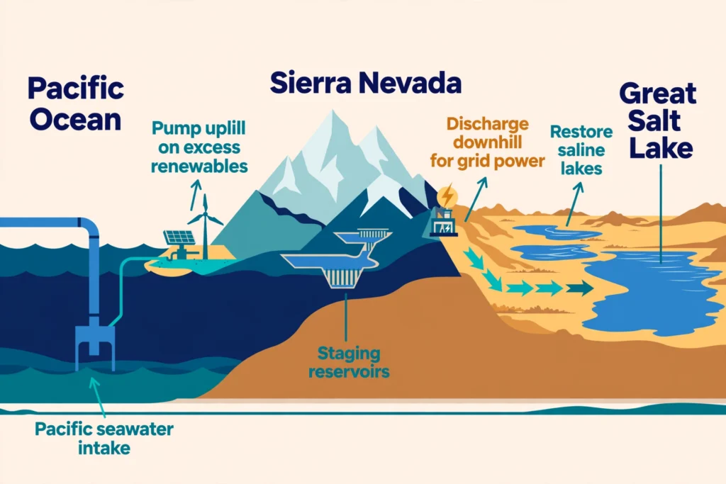 Route diagram: proposed seawater pipeline route from the Pacific to the Great Basin lakes