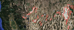 Google Earth image of American West with highlighted regions to show where lakes are dried up.