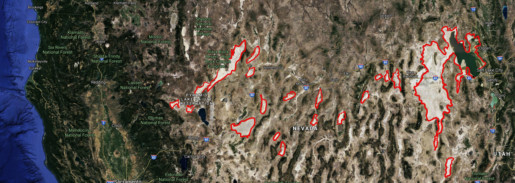 Google Earth image of American West with highlighted regions to show where lakes are dried up.